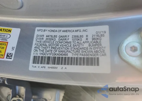 2019 Honda Accord Sport из США, поврежденный, VIN 1HGCV1F33KA040495